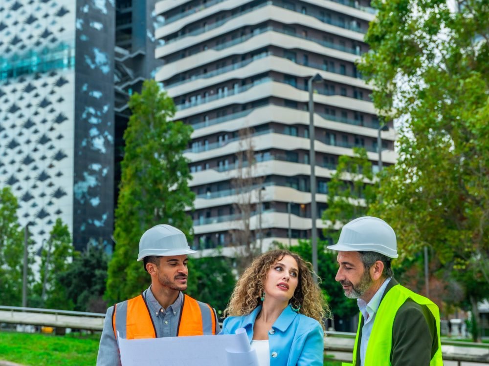 Diverse group of architects and construction professionals in hard hats and vests analyzing architectural plans outdoors in a modern urban environment, collaborating on a new development project